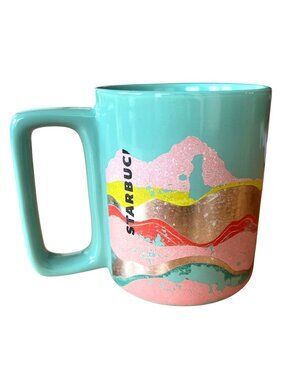 NOT Starbucks Mug With Abstract Waves Design 12 Oz Ceramic Teal Pink, Gold waves